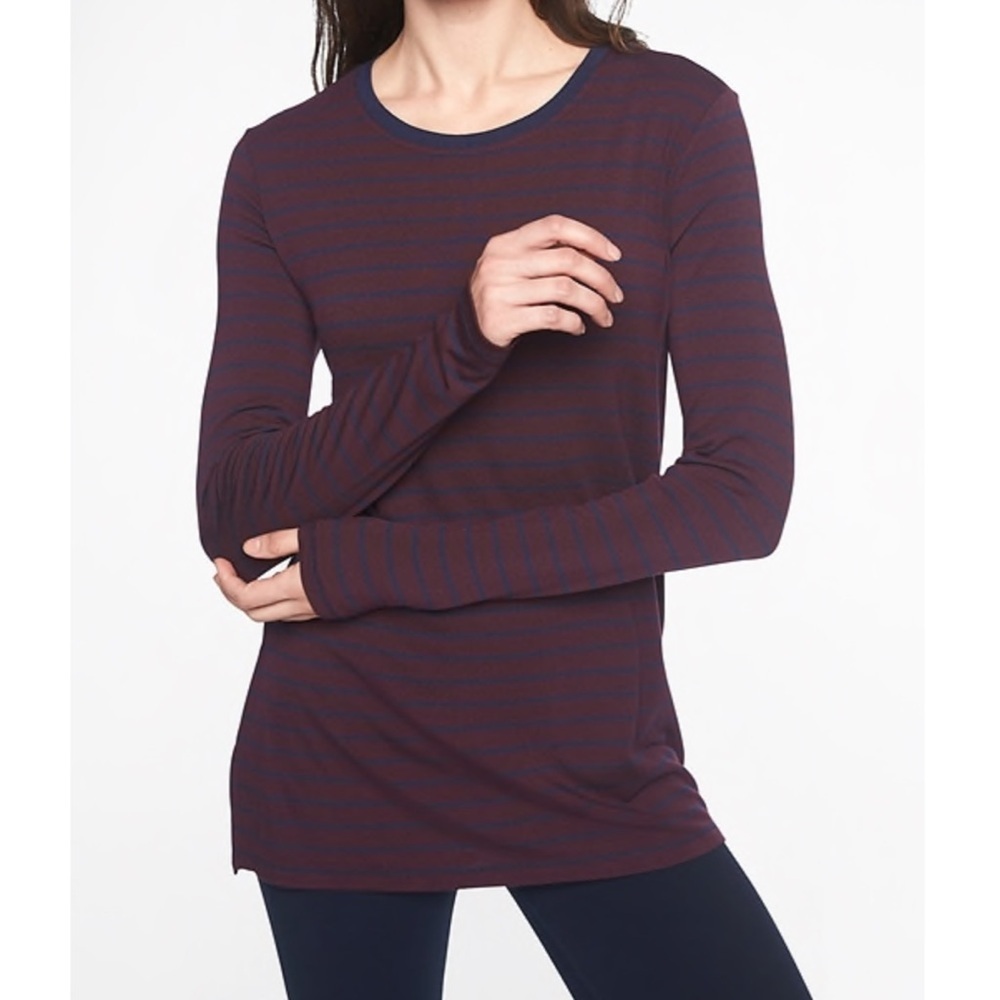 Athleta Threadlight Burgundy and Navy Striped Long Sleeve Layering Tee
